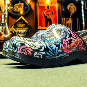 Dansko Blue Damask Patent Leather Clogs